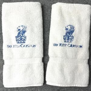 Vintage set Ritz Carlton Hotel face towels embroidered lion white navy 16x28 USA